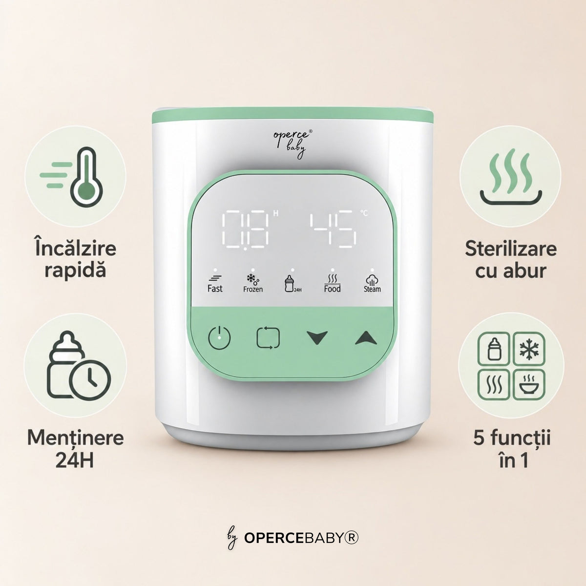 Încălzitor & Sterilizator OPERCEBABYⓇ 5 în 1 – Rapid, sigur și mereu pregătit