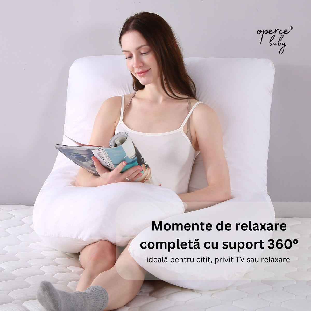 Pernă Gravide & Alăptare Tip U OPERCEBABYⓇ – Suport Total pentru Somn Fără Disconfort