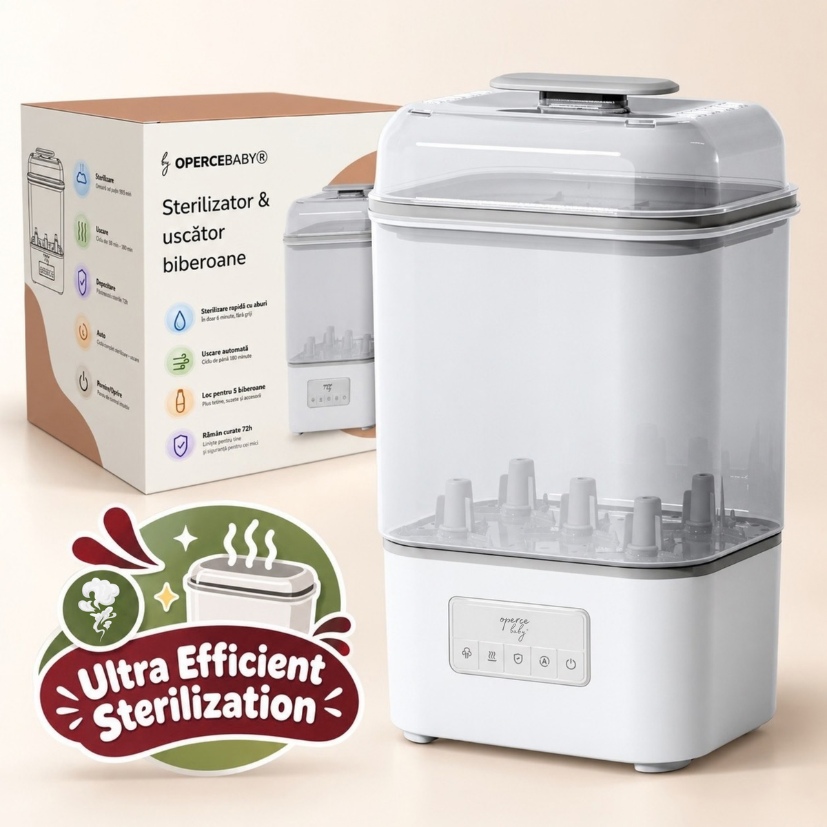 Sterilizator & Uscător Biberoane OPERCEBABYⓇ – Sterilizare cu Aburi, Uscare Automată, Mod Auto, Păstrare Curată 72h