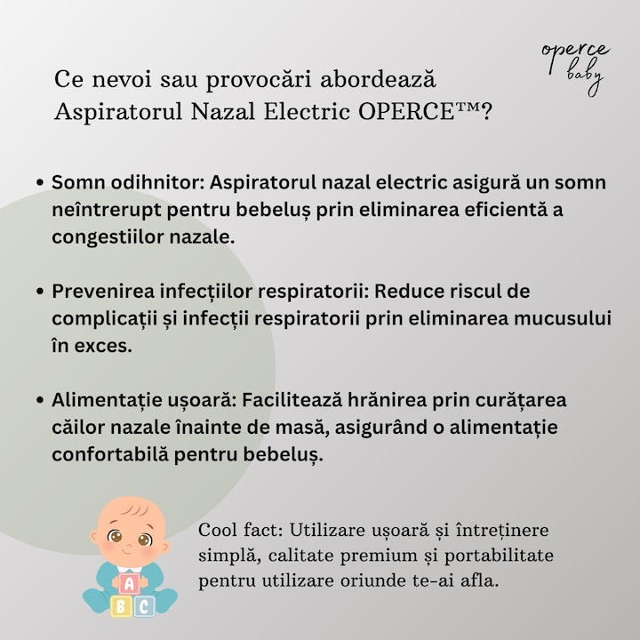Aspirator Nazal Electric OPERCEBABYⓇ - Respiratie Libera in Cateva Secunde
